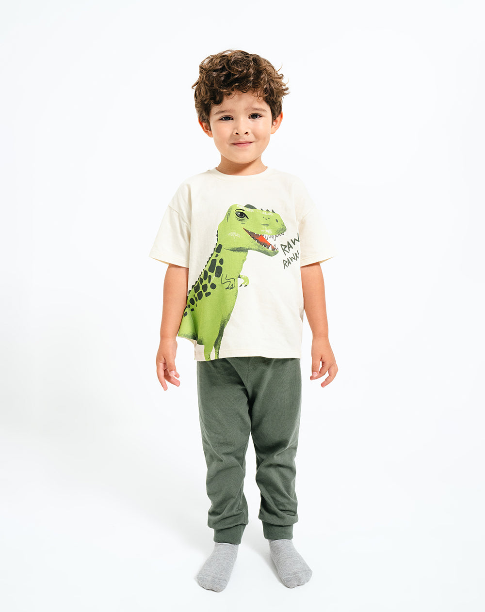 Set camiseta + pantalón + antifaz de tiranosaurio Rex verde estampada