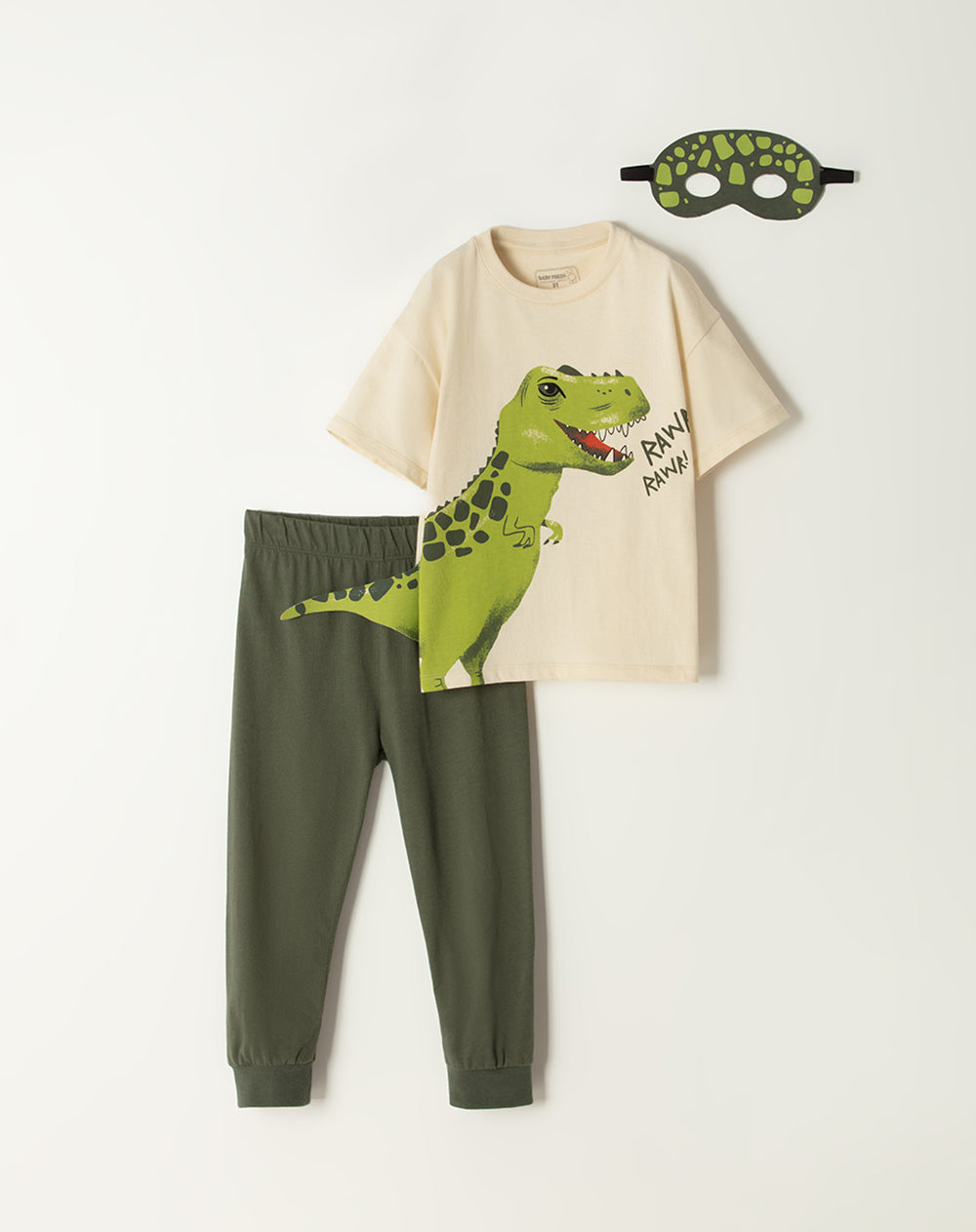 Set camiseta + pantalón + antifaz de tiranosaurio Rex verde estampada